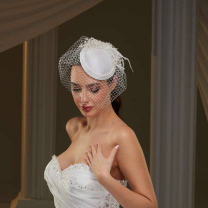 Elegant  Bridal Fascinator with Birdcage Veil, Pearls & Feathers