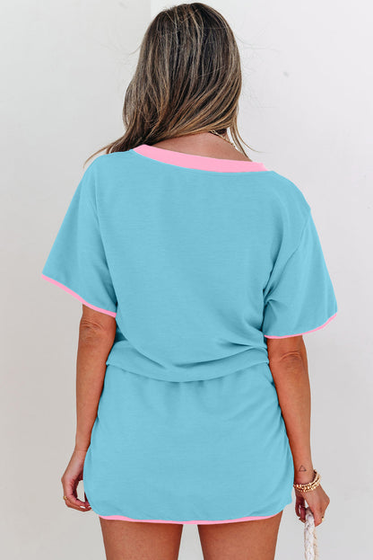 Luxury Colorblock Edge Drop Shoulder T Shirt and Skort 2Pcs Set