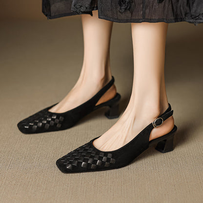 Women's Handmade Suede Woven Slingback Block Heel Sandals – Square-Toe Buckle Dress Shoes
