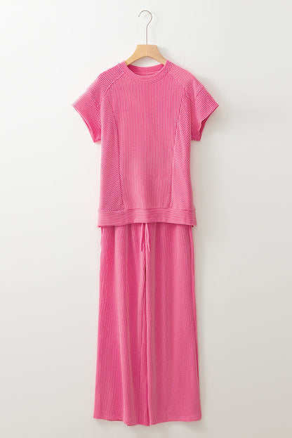 Luxury Solid Corded Short Sleeve T Shirt And Wide Leg Pants Set