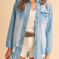 Beau Blue Light Wash Distressed Frayed Long Denim Jacket