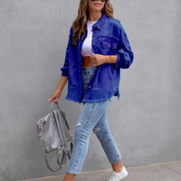 Distressed Drop Shoulder Fringe Denim Jacket Cotton Blend