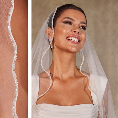 Wavy Beaded Edge Minimalist Wedding Veil- D246