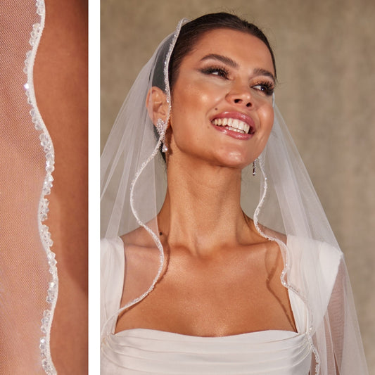 Wavy Beaded Edge Minimalist Wedding Veil- D246