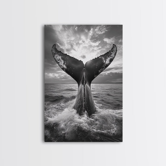 Whale Tail Splash, Ocean Sunset, Marine Majesty, Powerful Moment, Framed Canvas Print, Nautical Art, Coastal Living Room Decor