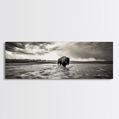 Bison River, Prairie Storm, American West, Framed Canvas Print, Rustic Nature Art, Fall Living Room Decor, Wildlife Photography