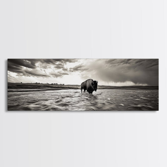 Bison River, Prairie Storm, American West, Framed Canvas Print, Rustic Nature Art, Fall Living Room Decor, Wildlife Photography