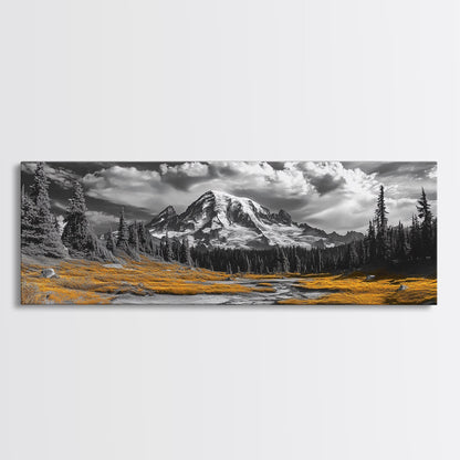 Majestic Mountain Scene, Snow Peaks and Meadows, Alpine Wilderness View, Framed Canvas Print, Cabin Wall Decor, Nature Wall Art