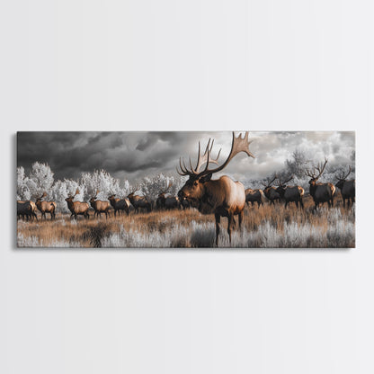 Elk Herd, Majestic Wildlife, Autumn Landscape, Framed Canvas Print, lodge decor, rustic mountain wall art, moody nature canvas