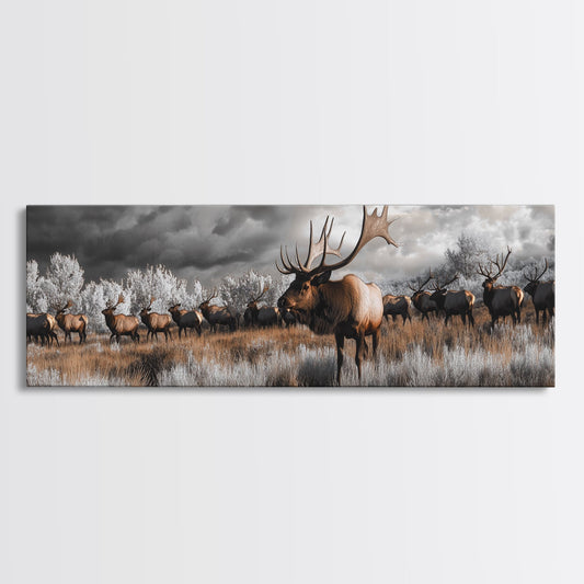Elk Herd, Majestic Wildlife, Autumn Landscape, Framed Canvas Print, lodge decor, rustic mountain wall art, moody nature canvas
