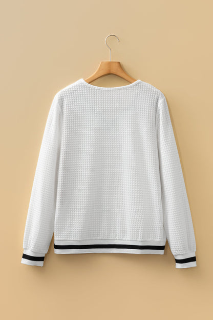 White Textured Knit Preppy Striped Trim V Neck Pullover Waffle Women's Top