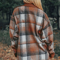 Cinnamon Plaid Corduroy Patchwork Shacket With Pockets