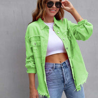 Distressed Drop Shoulder Fringe Denim Jacket Cotton Blend