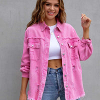 Distressed Drop Shoulder Fringe Denim Jacket Cotton Blend