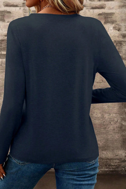 Dirty Blue Notch V Neck Pocket Patched Long Sleeve Women's T-Shirt