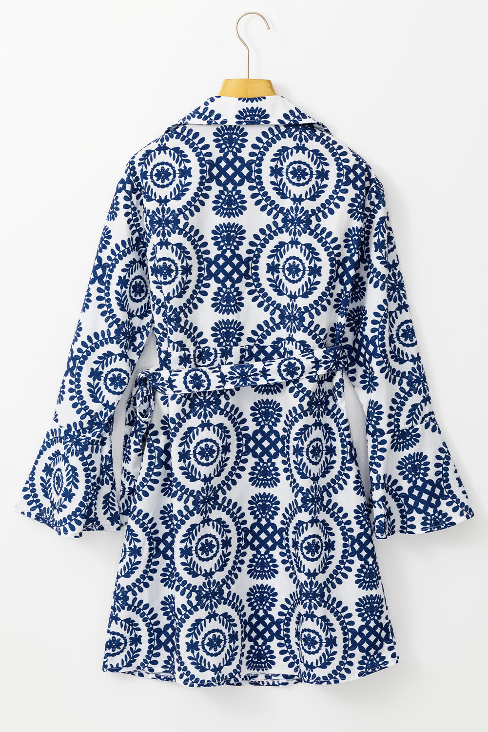 Blue Floral Print V-Neck Knot Long Sleeve Midi Dress