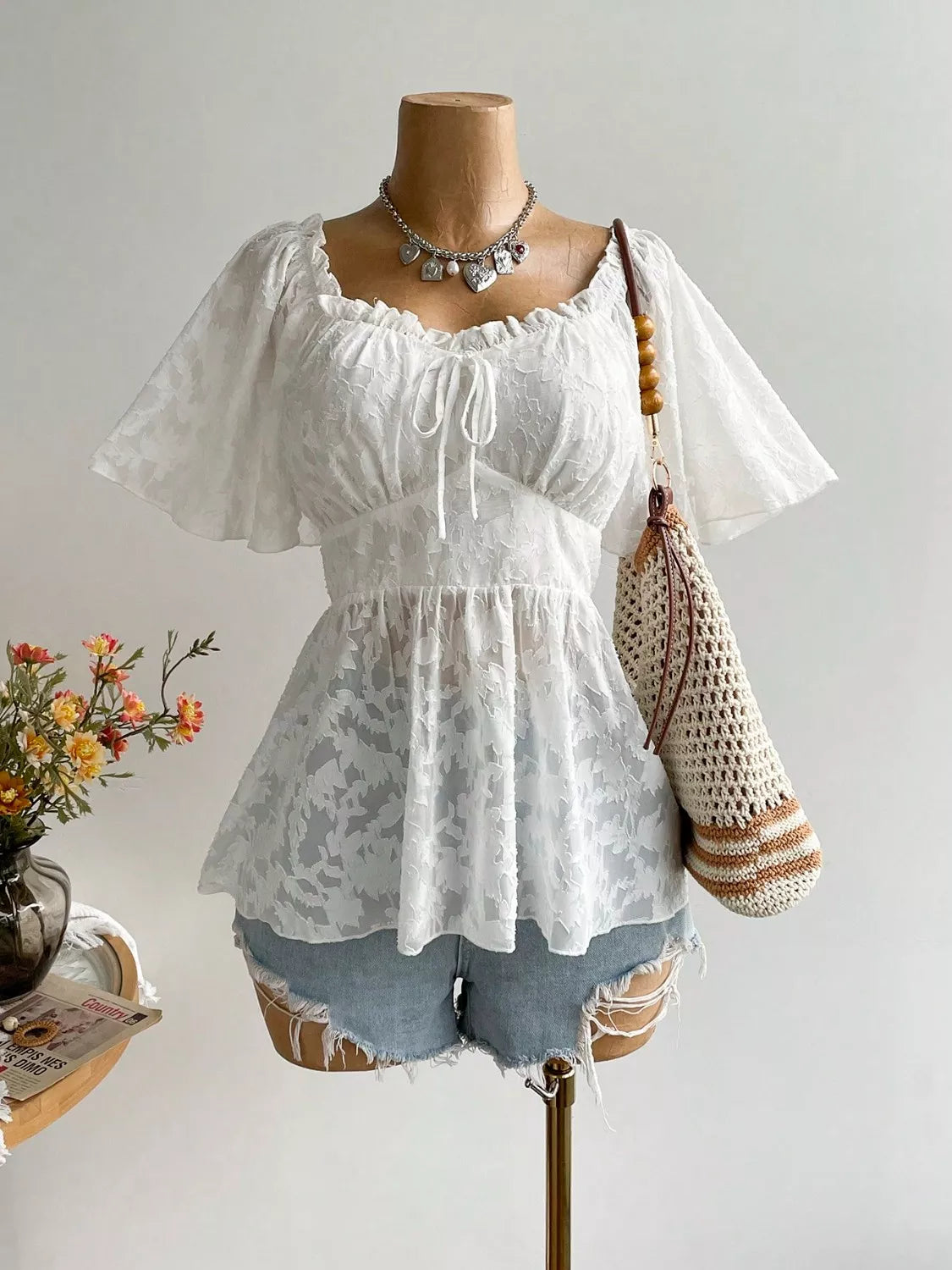 Plus Size Floral Flutter Sleeve Blouse with Smocked Back