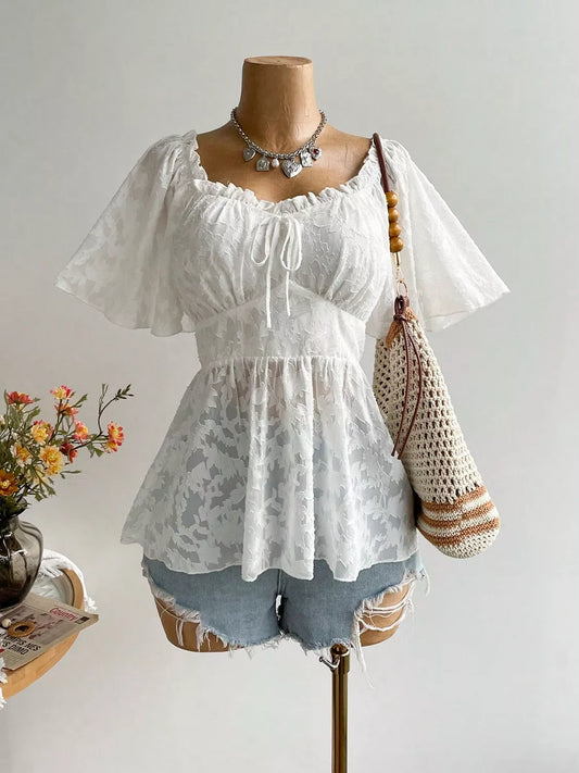 Plus Size Floral Flutter Sleeve Blouse with Smocked Back