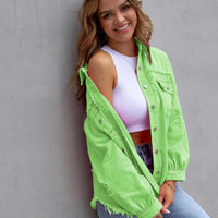 Distressed Drop Shoulder Fringe Denim Jacket Cotton Blend