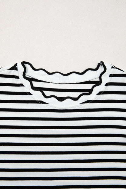 Stripe Scalloped Trim Round Neck T-Shirt