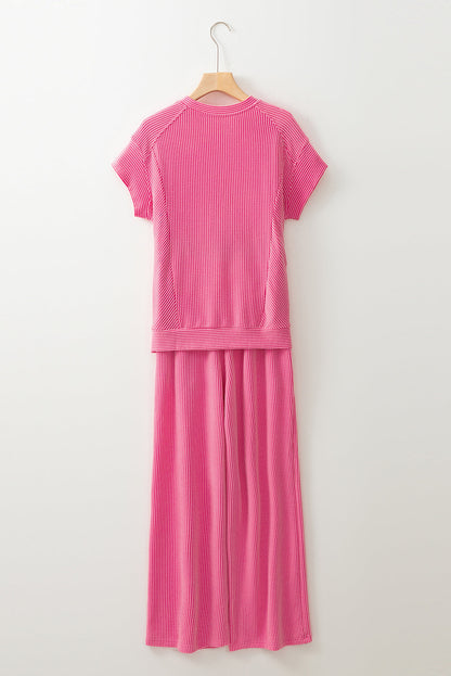 Luxury Solid Corded Short Sleeve T Shirt And Wide Leg Pants Set