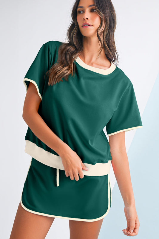 Luxury Colorblock Edge Drop Shoulder T Shirt and Skort Set