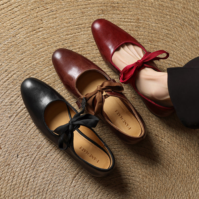 Women’s Vintage French Style Low Heel Leather Shoes