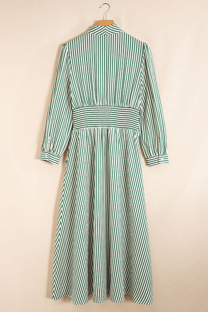 Green Striped V Neck Zip Front Midi Dress Cinched Waist