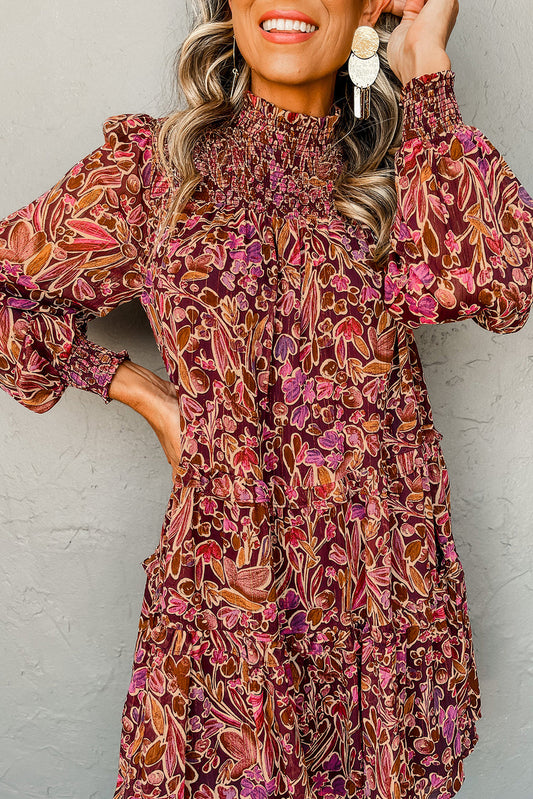 Red Floral Print Long Sleeve Shirred High Neck Loose Mini Dress