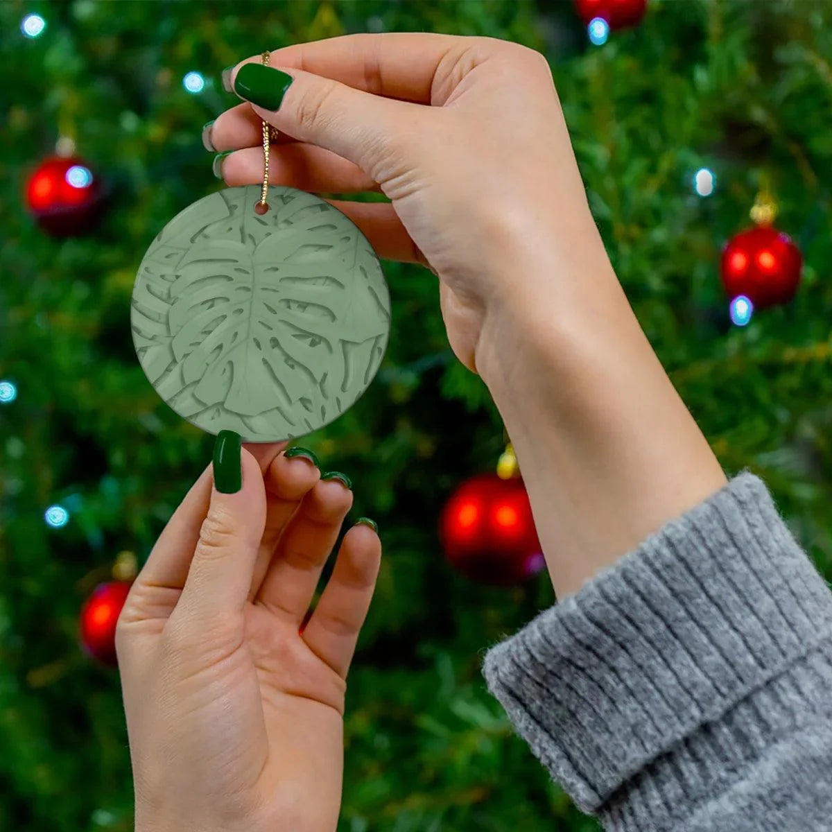 Sage Green Monstera Ceramic Ornament