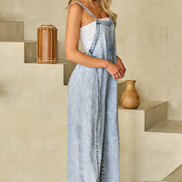 Luxury Light Wash Frayed Exposed Seam Wide Leg Denim Overall