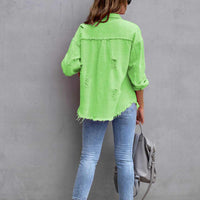 Distressed Drop Shoulder Fringe Denim Jacket Cotton Blend