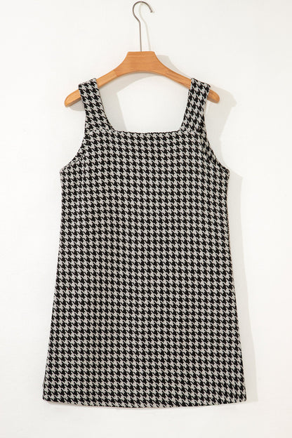 Khaki Houndstooth Print V Neck Sleeveless Mini Dress