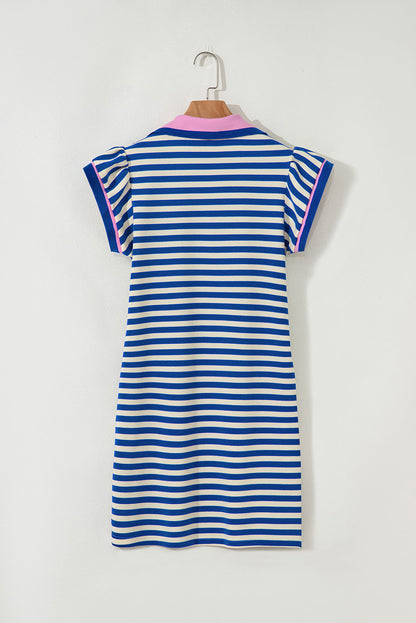 Stripe Flutter Sleeve Contrast Collar Mini Dress