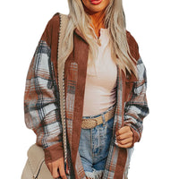 Cinnamon Plaid Corduroy Patchwork Shacket With Pockets