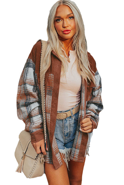 Cinnamon Plaid Corduroy Shacket with Patchwork Pockets for Effortless Style