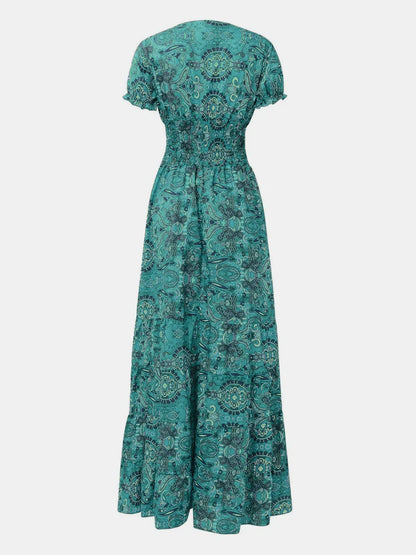 Full Size Smocked Printed V-Neck Dress for Effortless Style