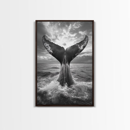 Whale Tail Splash, Ocean Sunset, Marine Majesty, Powerful Moment, Framed Canvas Print, Nautical Art, Coastal Living Room Decor