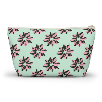 Pink Princess Philodendron Pattern Accessory Pouch – Zippered Catch-All With T-Bottom