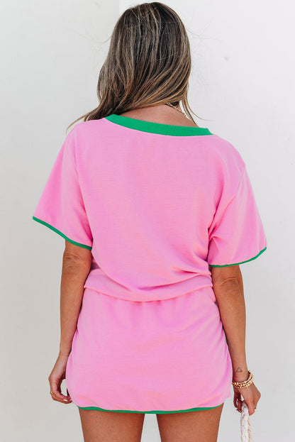 Luxury Colorblock Edge Drop Shoulder T Shirt and Skort 2Pcs Set