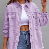 Distressed Drop Shoulder Fringe Denim Jacket Cotton Blend