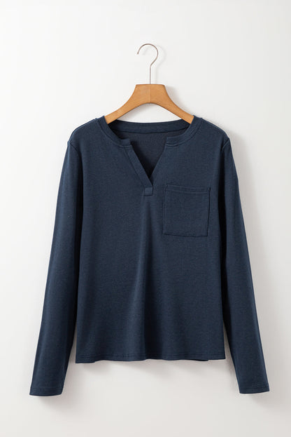 Dirty Blue Notch V Neck Pocket Patched Long Sleeve Women's T-Shirt