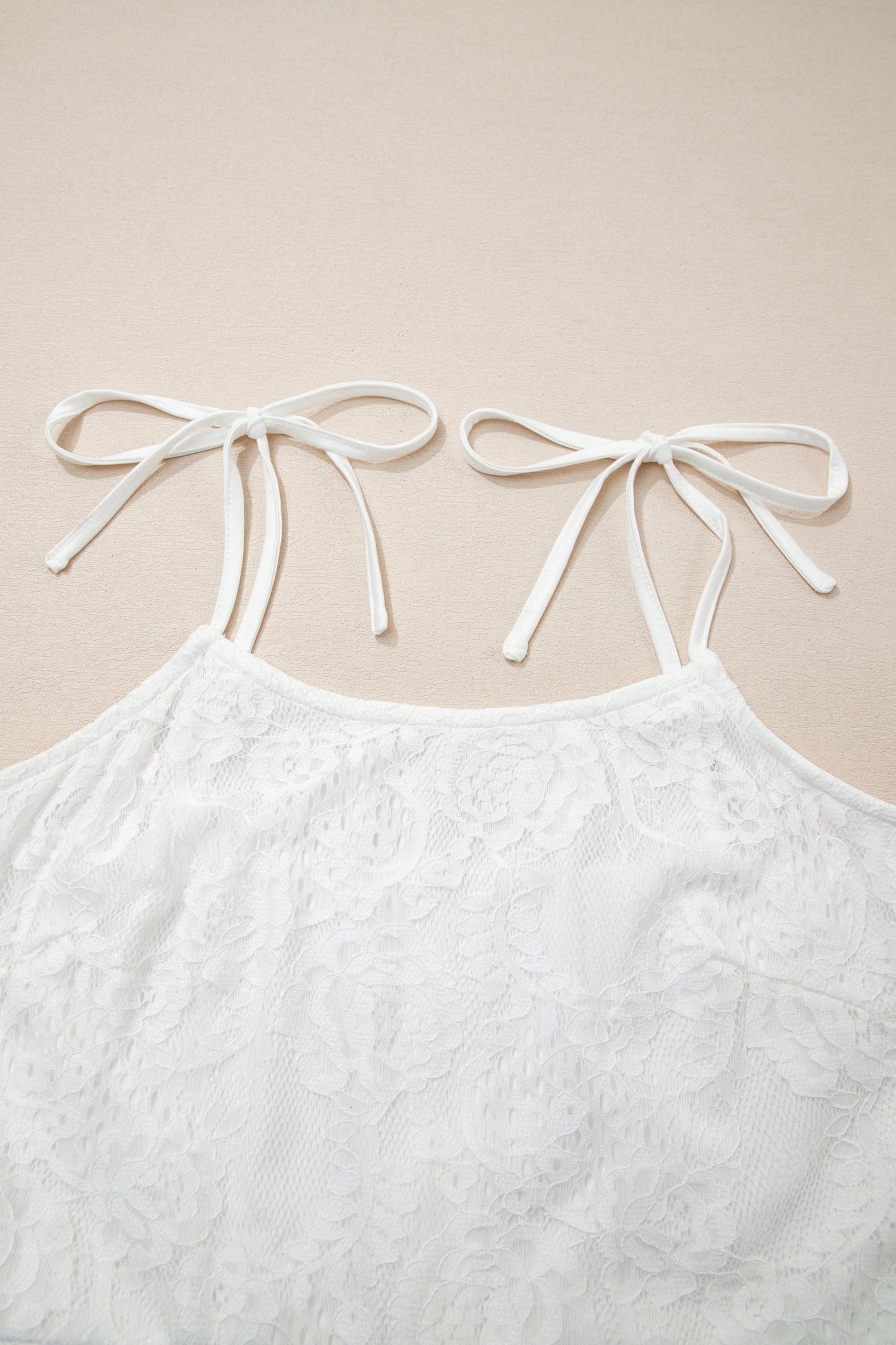 White Tie Spaghetti Straps Floral Lace Overlay Long Dress