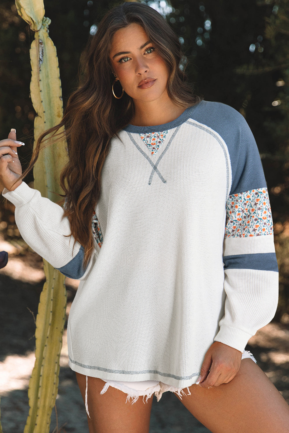 White Floral Patchwork Waffle Knit Raglan Women's Top