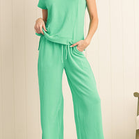 Luxury Solid Corded Short Sleeve T Shirt And Wide Leg Pants Set