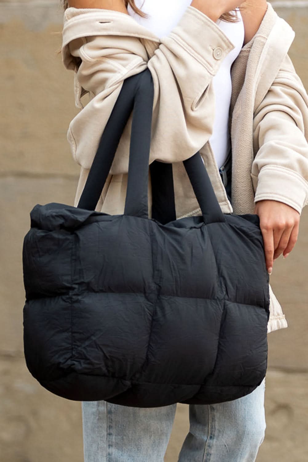 Cinnamon Solid Quilted Puffy Large Tote Bag With Zipper