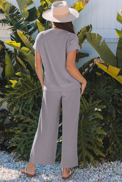 Luxury Solid Corded Knit Short Sleeve T Shirt and Wide Leg Pants Set