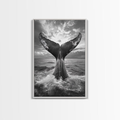 Whale Tail Splash, Ocean Sunset, Marine Majesty, Powerful Moment, Framed Canvas Print, Nautical Art, Coastal Living Room Decor