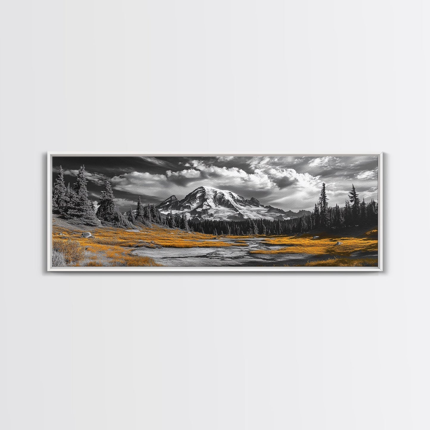 Majestic Mountain Scene, Snow Peaks and Meadows, Alpine Wilderness View, Framed Canvas Print, Cabin Wall Decor, Nature Wall Art