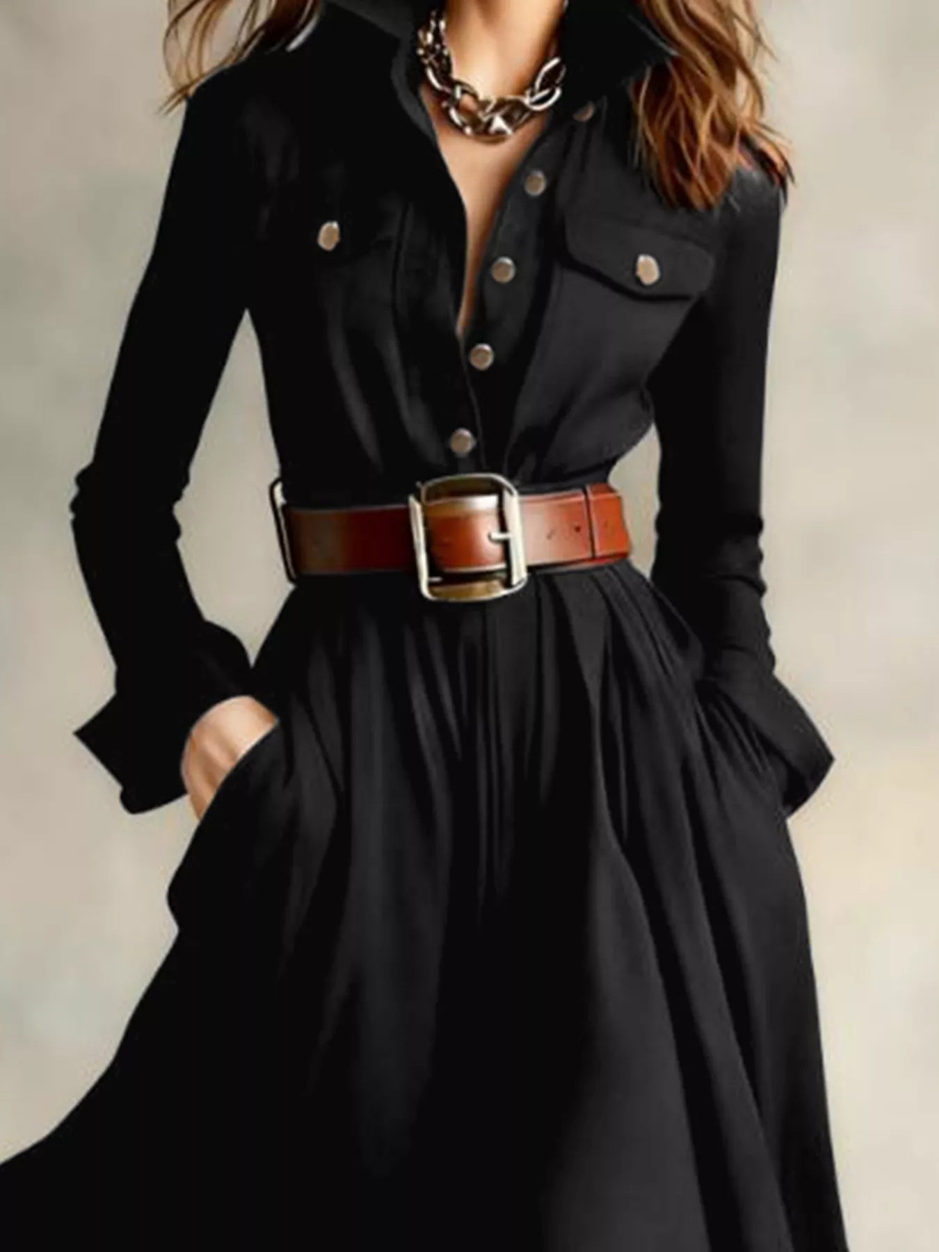 Button Front Maxi Dress - Long Sleeve Bohemian Style